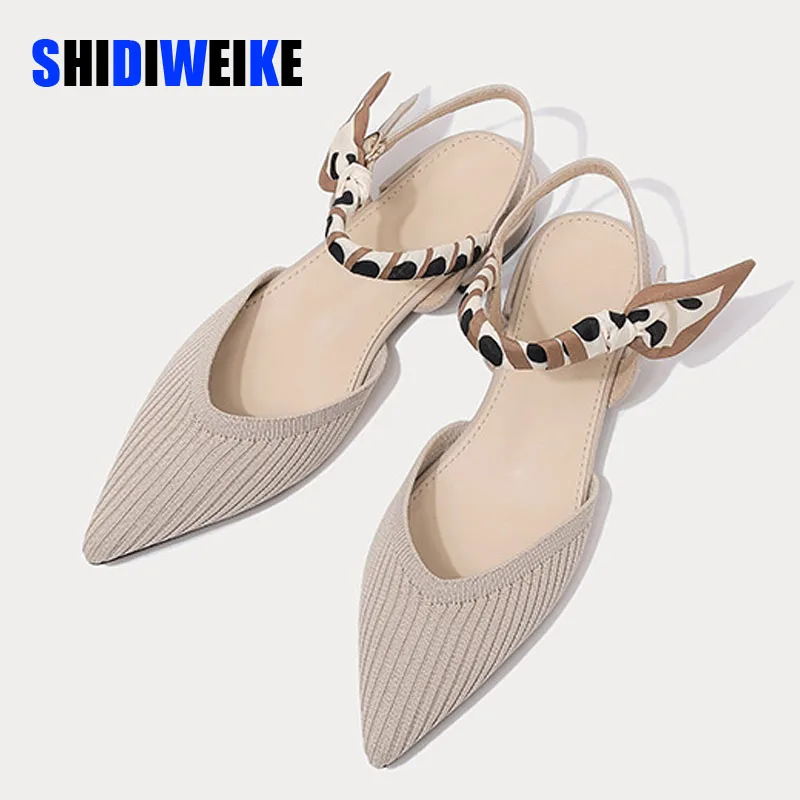 

SDWK New Fashion Point Toe Summer Sandals Women Knitted Slingback Low Heel Shoes Butterfly Ribbon Bow Spring Autumn Flats AD4726