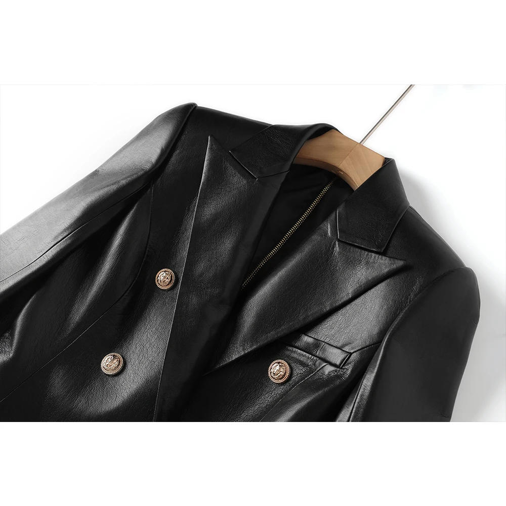 Autumn Winter High Quality PU Leather Women Long Black Blazers Street Luxury Double Breasted Lady Jackets