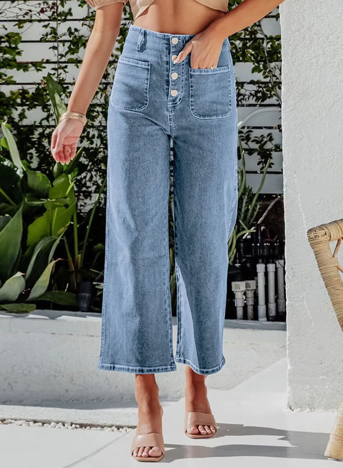 New Casual Straight-Leg Denim Trousers Women's High Waist Jeans American Retro Button Down Jeans Straight Denim Wide-Leg Pants