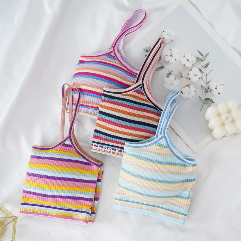 Girls Striped Underwear Spaghetti Straps Without Steel Ring Small Vest Soft And Comfortable Mesh Breathable Teenage Clothing