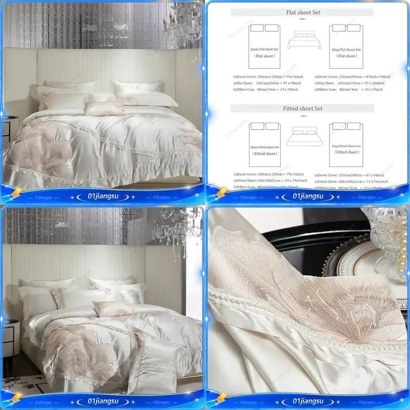 Luxury Lyocell Cotton Bedding Set 4Pcs Large Floral Embroidery Duvet Cover Soft Silky Glossy Sateen Bed Linen Queen King Size