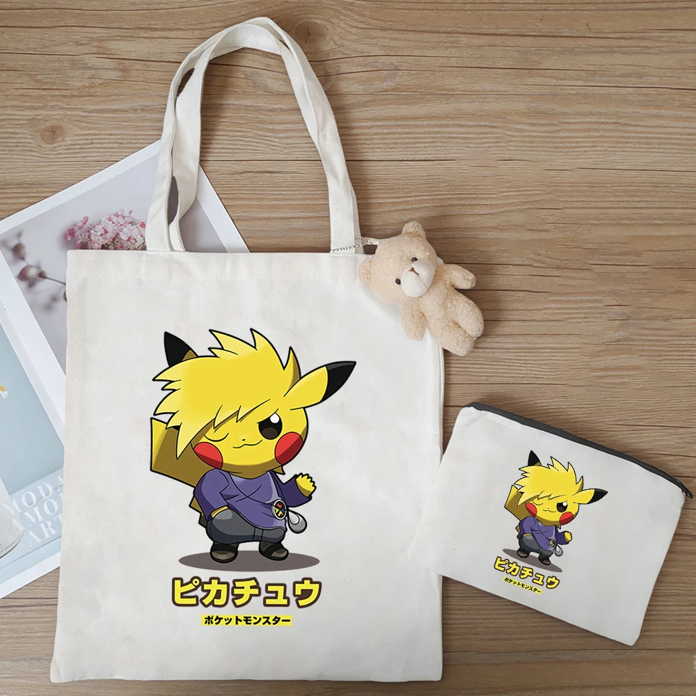 

В наличии, милая холщовая сумка с изображением Покемона Пикачу, сумка через плечо с изображением аниме-персонажей, сумка через плечо, большая вместительная сумка, подарок на день рождения, НОВИНКА