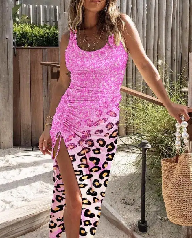 Pink Leopard Dress 2023 Summer Casual Sexy Contrast  Print Ribbed Drawstring Slit Casual Dresses U-Neck Women\'s Long Dresses Y2K