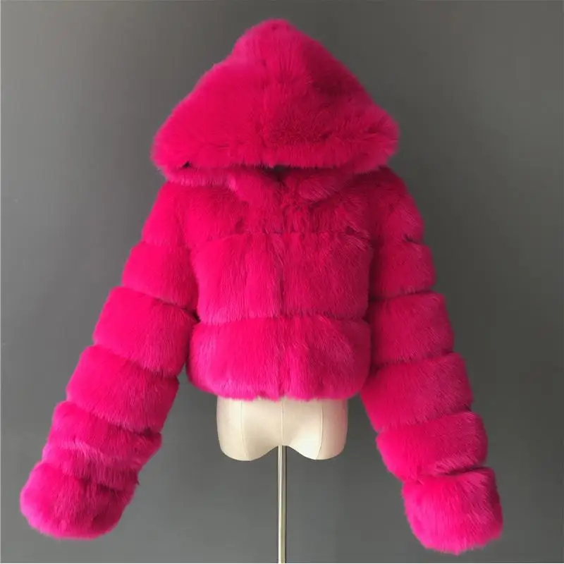 High-quality furry trimmed faux fur coats and jackets for women, fluffy top coat with hood, winter fur jacket