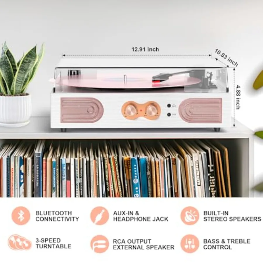 Vinyl Record Player with Built-in Speakers 3-Speed Vintage Record Player Support Trebleand Bass Control, 3.5mm Headphone Jack, view 4