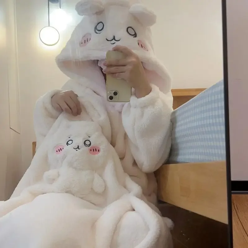 Chiikawass Woman Plush Nightgown Home Clothes Hooded Pajamas Winter Velvet and Thickening Japan Anime Cartoon Loungewear Suit