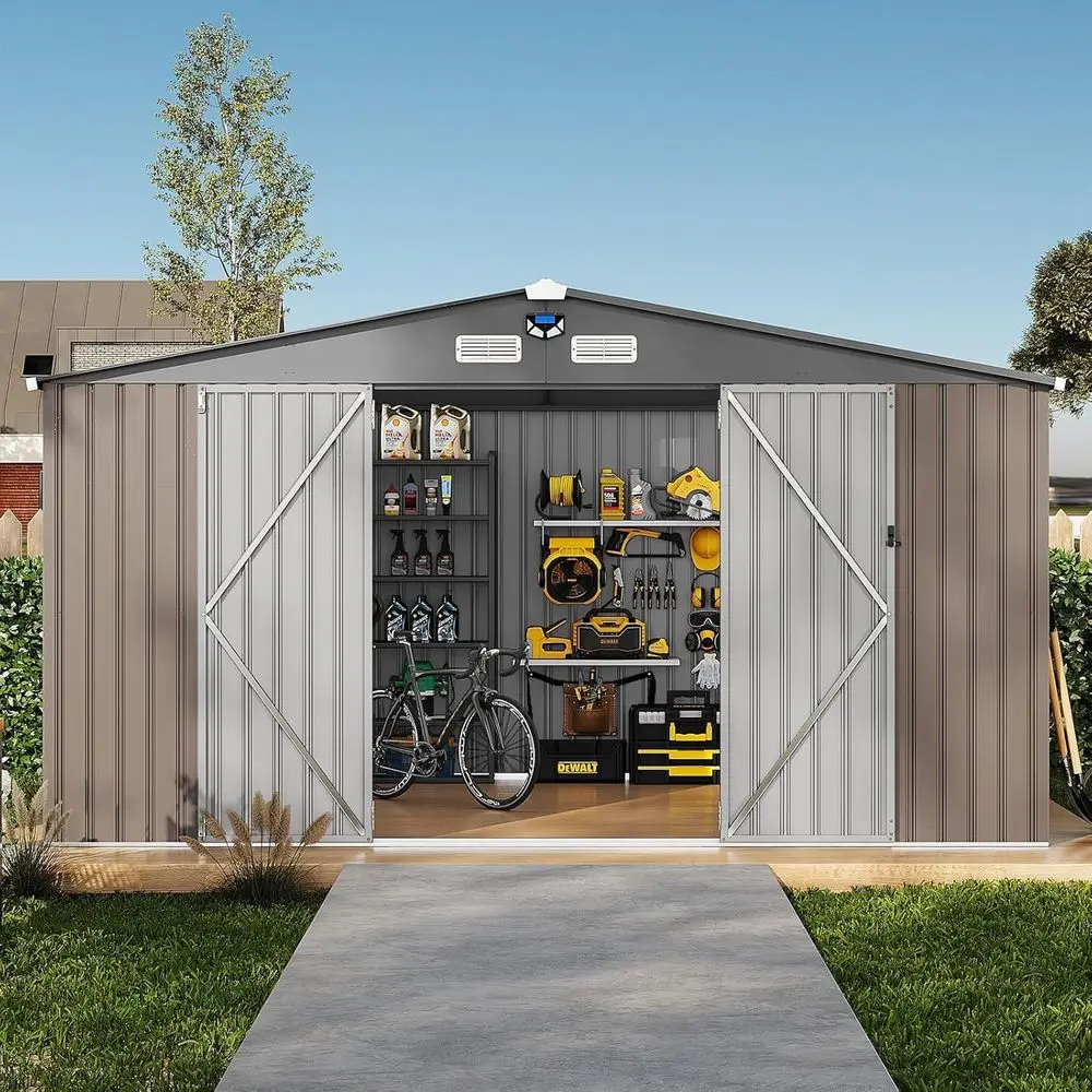 10x12 Outdoor Storage Shed - Metal Garden Tool Shelter with Lockable Door & Windows, Perfect for Patio Lawn