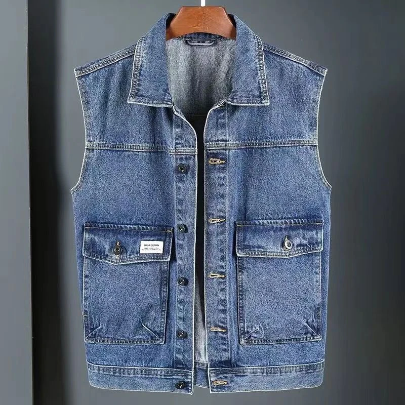 Men's Denim Vest Spring Autumn Outdoor Multi-Pocket Sleeveless Jacket Loose Fit Single Button Closure Pure Color Casual Style