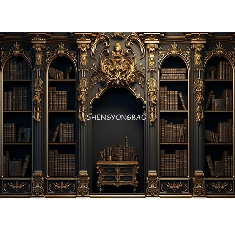 책장 라이브 스트리밍 배경 빈티지 도서관 고딕 수도원 벽 성인 초상화 사진 배경 사진 스튜디오 ID-01