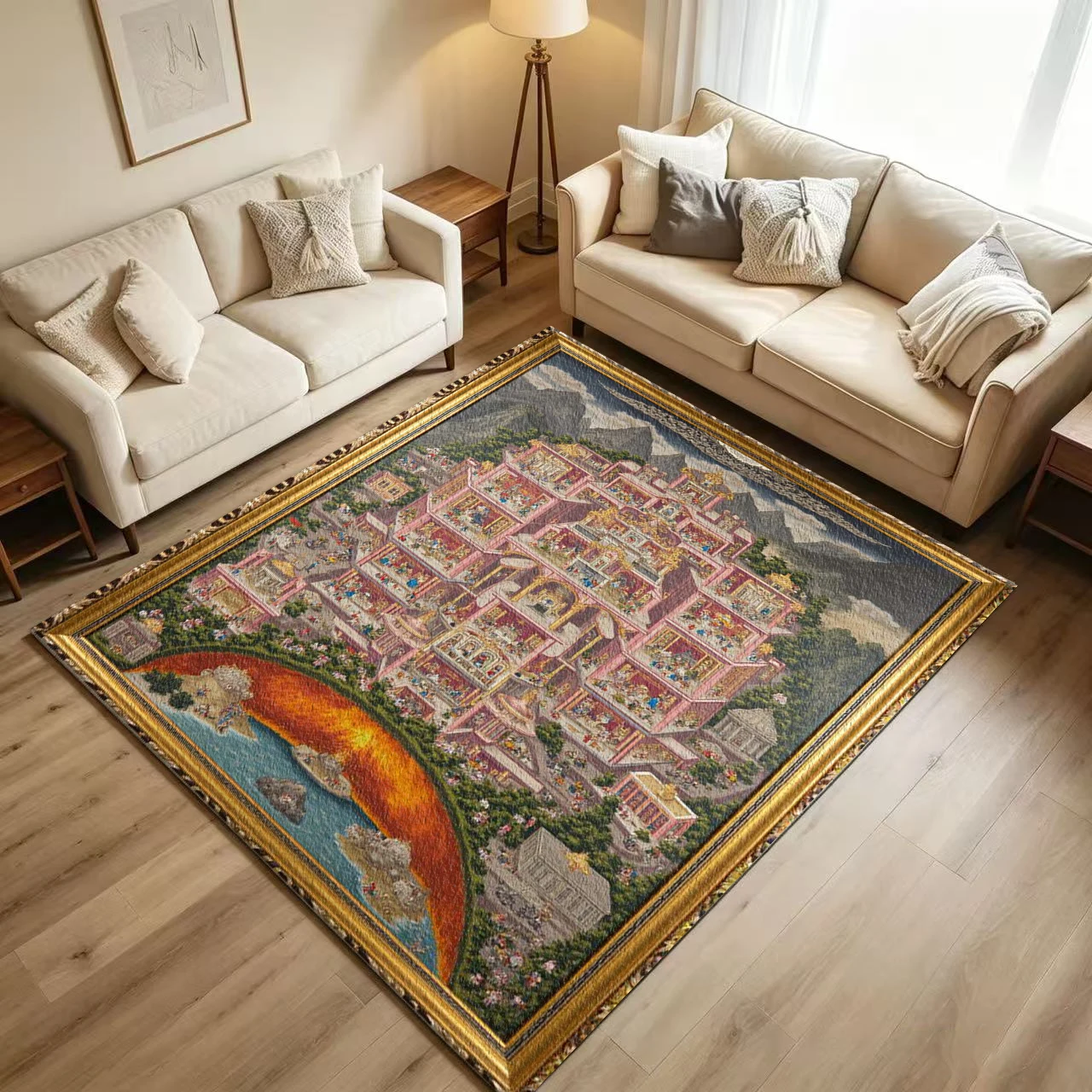 Oriental Temple Landscape Painting Carpet Flooring Vintage Detailed Palace Mountain Scenery Framed Art Pattern Printed Floor Rug for Household Indoor Artistic Home Decoration