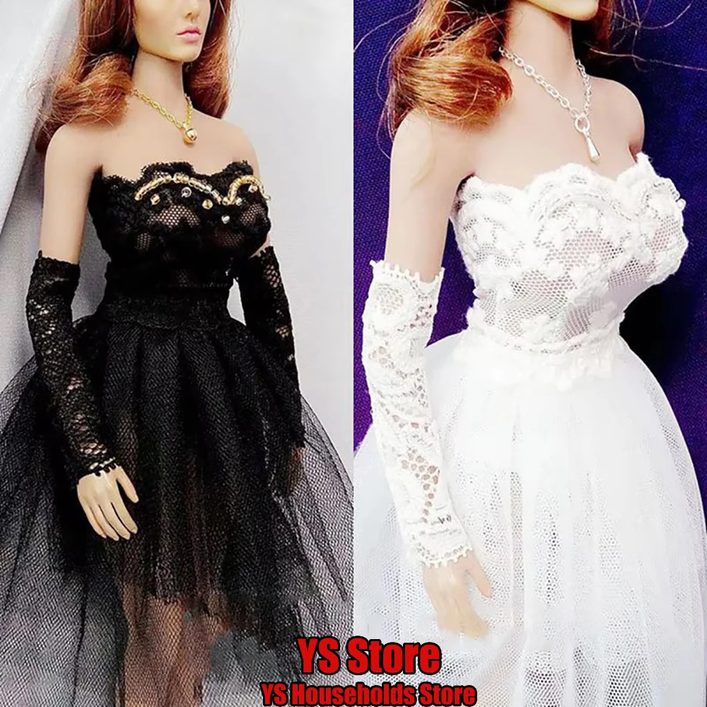 

Black White 1/6 Woman Soldier Wedding Dress Hot Tube Top Sleeveless Evening Long Dress For 12'' Action Figure Body Model Toy