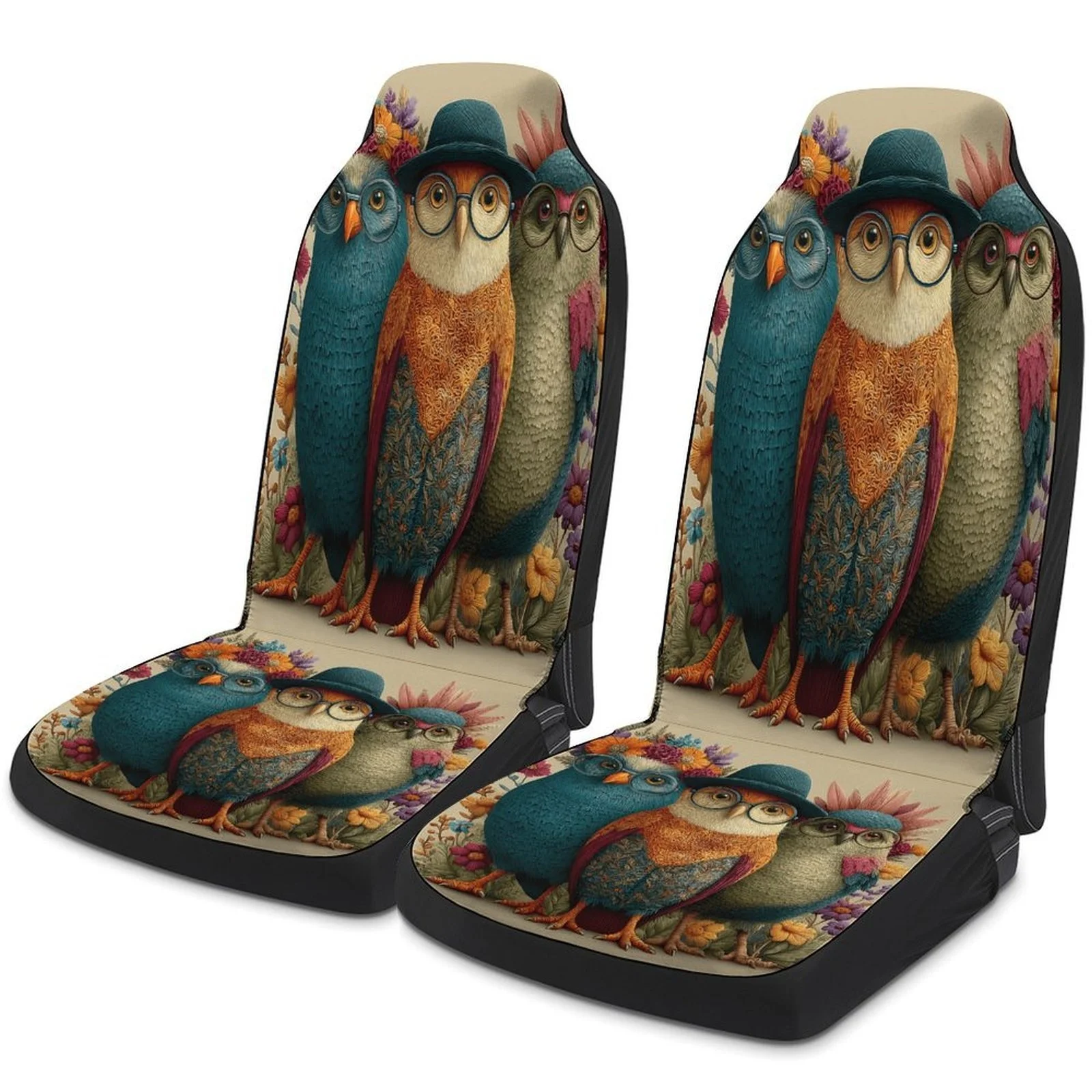 Set Of Car Covers Featuring An Owl Trio Design, Suitable For Various Vehicles. Stylish And Breathable, These Decorative Covers P