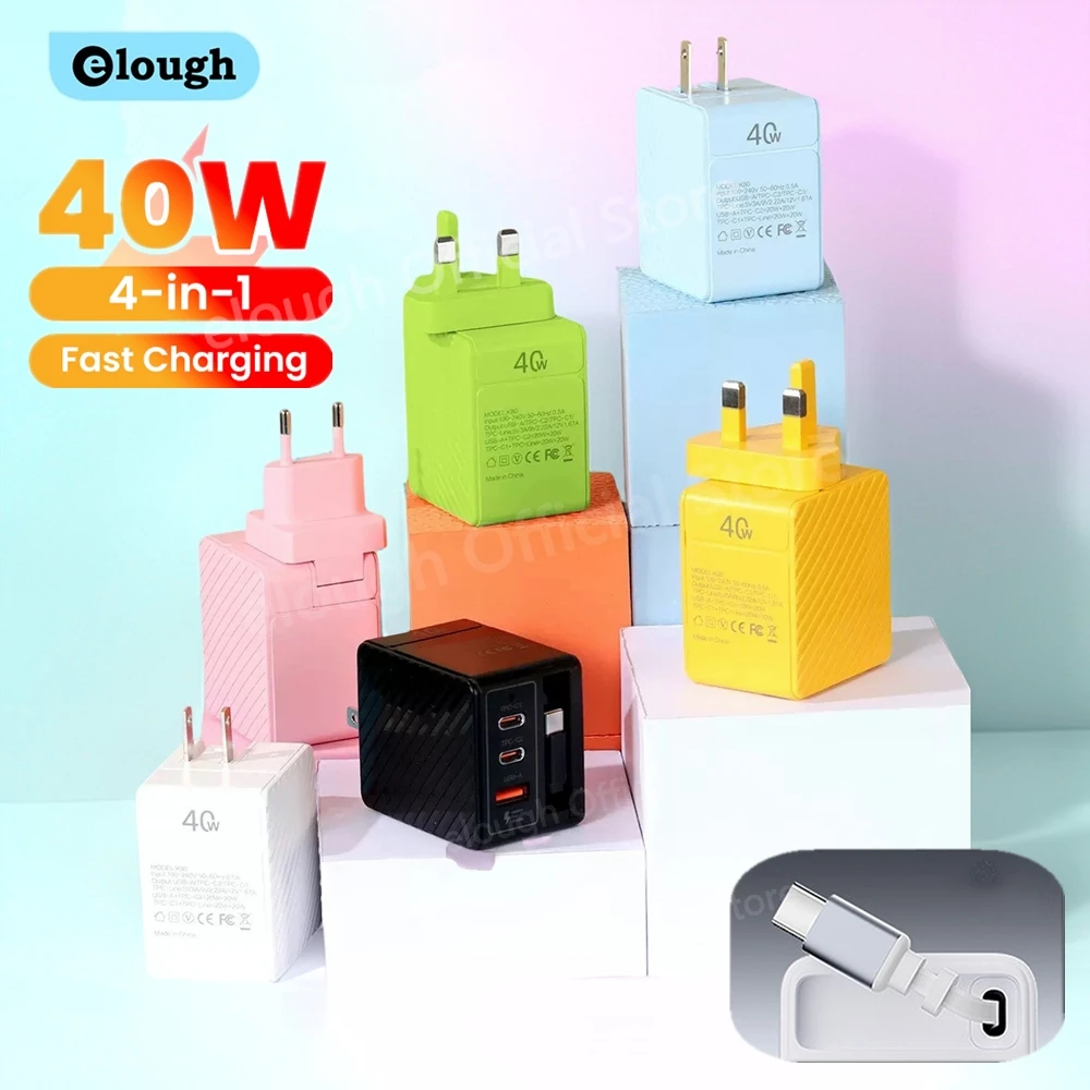 Elough 40W USB C Phone Charger Adapter Built-in Retractable Type C Cable PD Fast Charging For iPhone 16 15 Samsung USB Charger