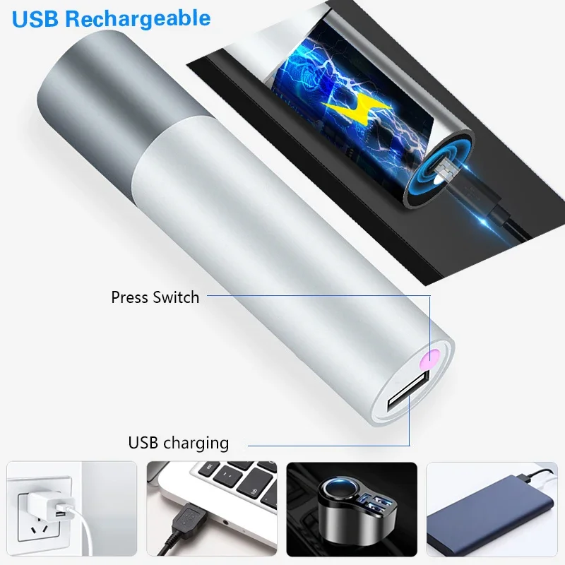 Minilinterna LED recargable por USB, batería integrada, 3 modos de iluminación, resistente al agua, elegante, portátil, para iluminación nocturna