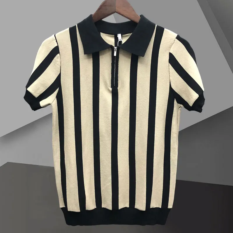 2023 Contrasting Stripes Casual Slim Lapel Polo Men\'s Shirt Summer Zipper Knit Lapel T-shirt Polo Mannen Polo  Camisa Hombre