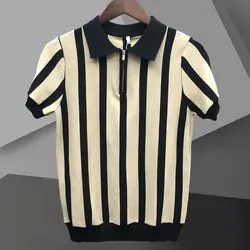 2023 Contrasting Stripes Casual Slim Lapel Polo Men's Shirt Summer Zipper Knit Lapel T-shirt Polo Mannen Polo  Camisa Hombre