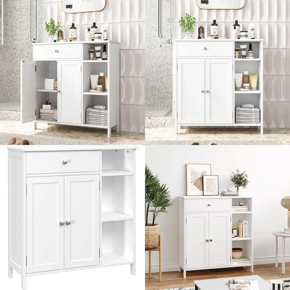 

Белый отдельно стоящий шкаф для хранения вещей с дверцами и регулируемыми полками для кухни, гостиной и прихожей