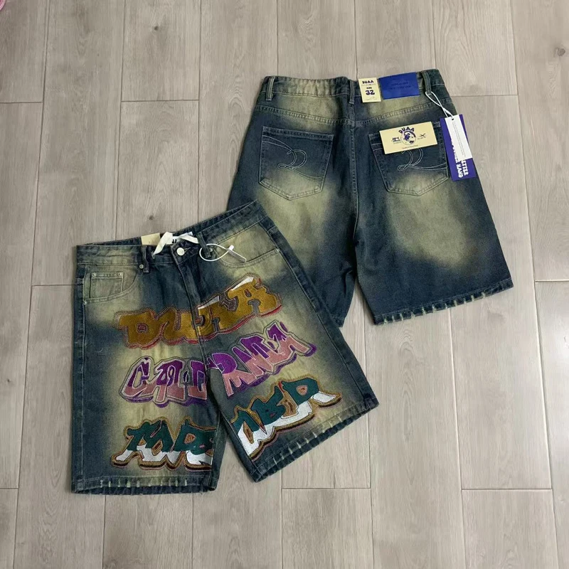 American Retro High-quality Letter Embroidery High-quality Duaa Denim Shorts Heavy Casual Jeans