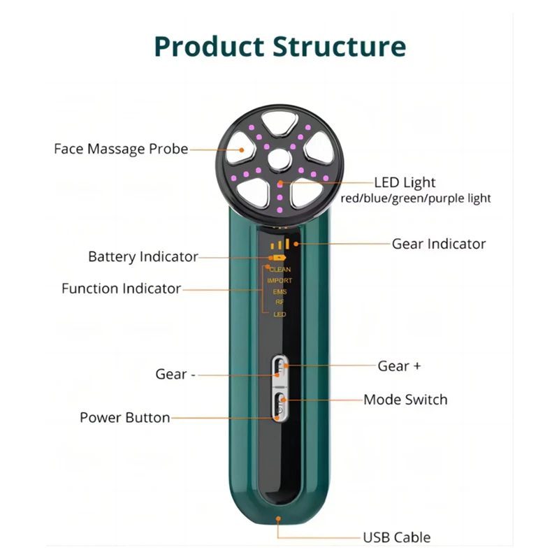 Microstroom gezichtsapparaat Gezichtsliftmachine Nekhuid Draai stimulator LED-lichttherapie Trillingen Schoonheidstool