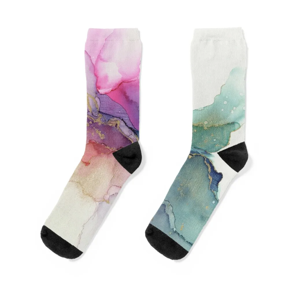 Abstract Coral Turquoise Gold Ink Painting on Canvas Socks designer loose hip hop New year's Girl'S Socks Men's