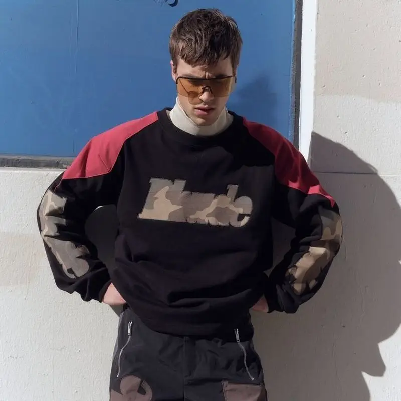 Rhude Camo Patch Embroidery Contrast Stitch Crewneck Long Sleeve T-Shirt, Trendy Streetwear Top