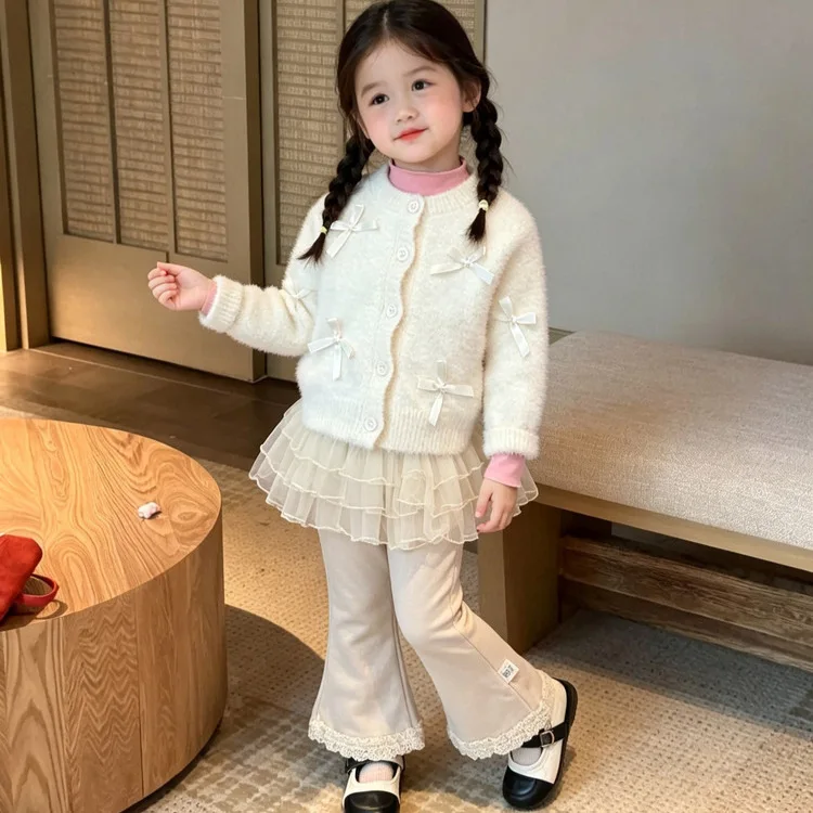 2026 Kids Fall Sweater Baby Fall Winter Bow Knot Plush Knit Cardigan Bowknot Decoration New Style Girls