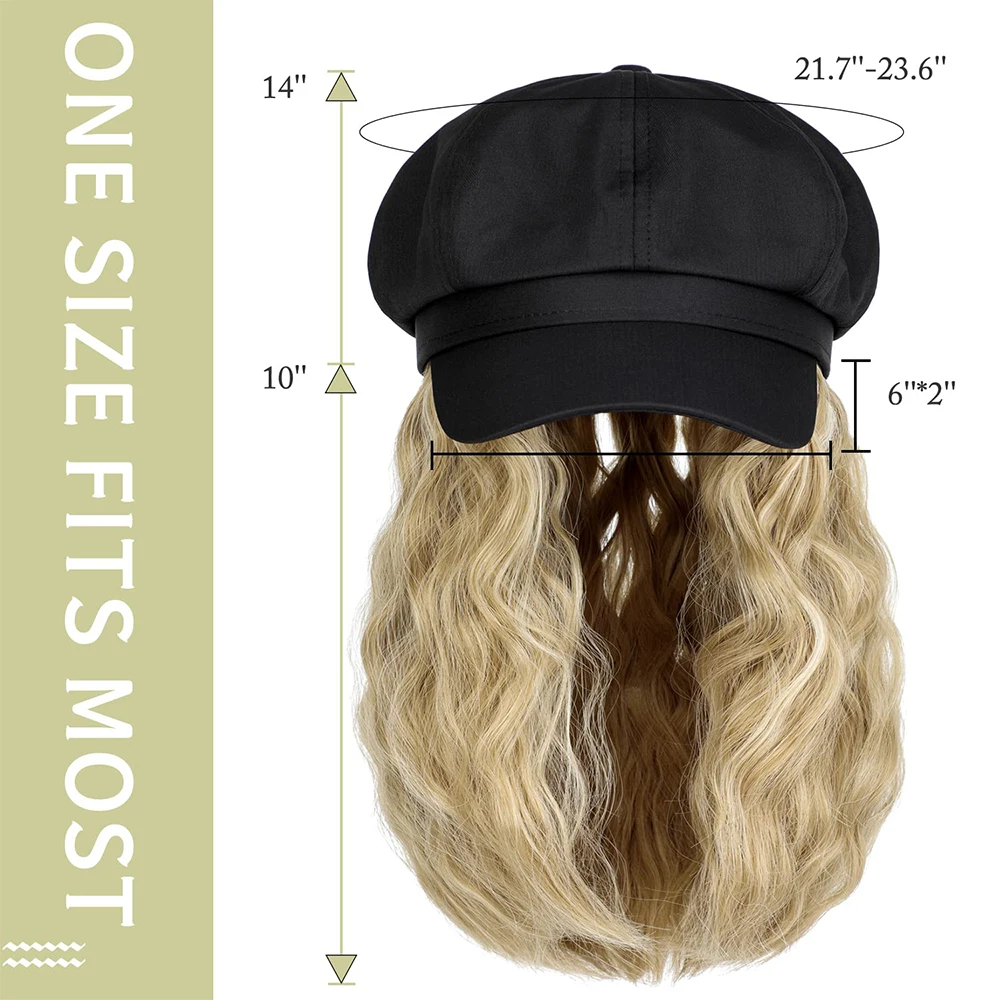 Shangzi Newsboy Cap/hat Wig 10 Inch Wavy Curly Synthetic Wigs Natural Baseball Hat Wigs Hat Attached Synthetic Hair Extensions