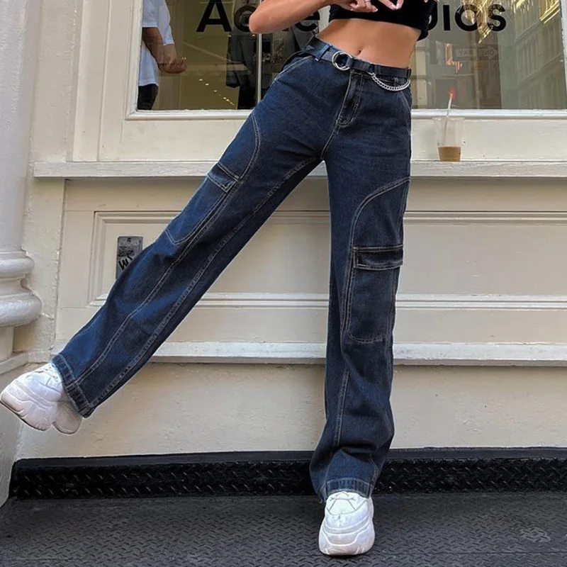 Women's Jeansins American Street Personality Retro Denim Overalls Design Sense Split Pocket Loose Straight Casual Pants Women's