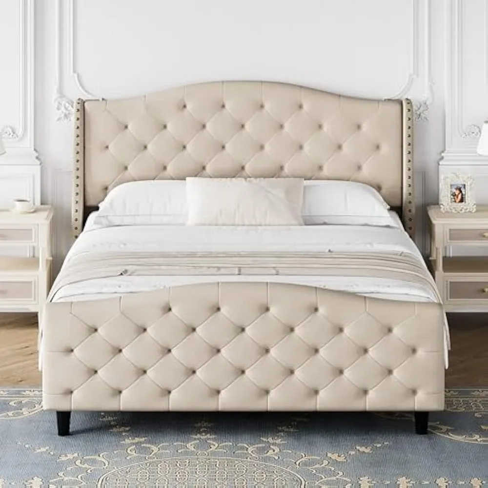 Queen Size Bed Frame with Headboard,  Queen Bed Frame with Headboard and Footboard, Upholstered Platform Bed image 3