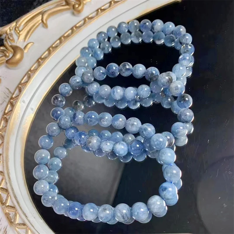 7.5MM Natural Aquamarine Bracelet Women Fashion Round Stone Elegant Healing Strand Bangles Wristband Gift