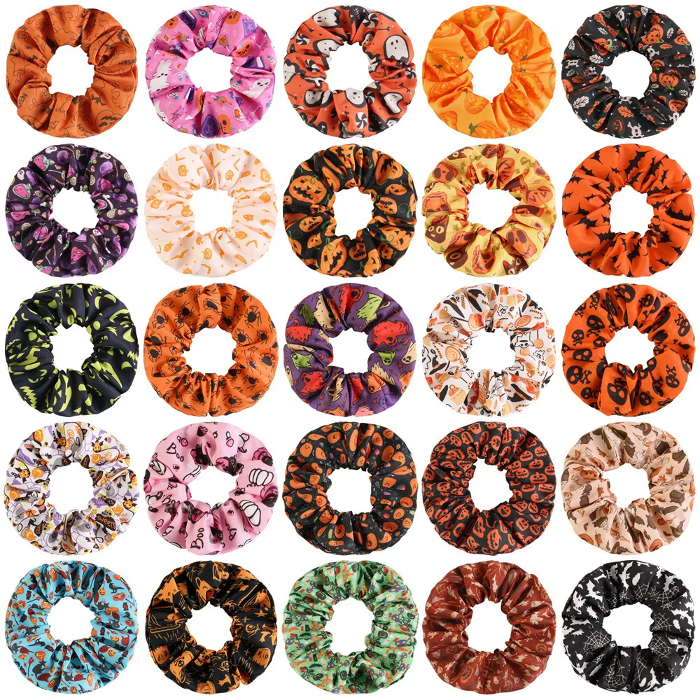 1Pc Black Fabric Skull Halloween Scrunchies, Hair Ties for Women, Holiday Party Ponytail Holders No Damage