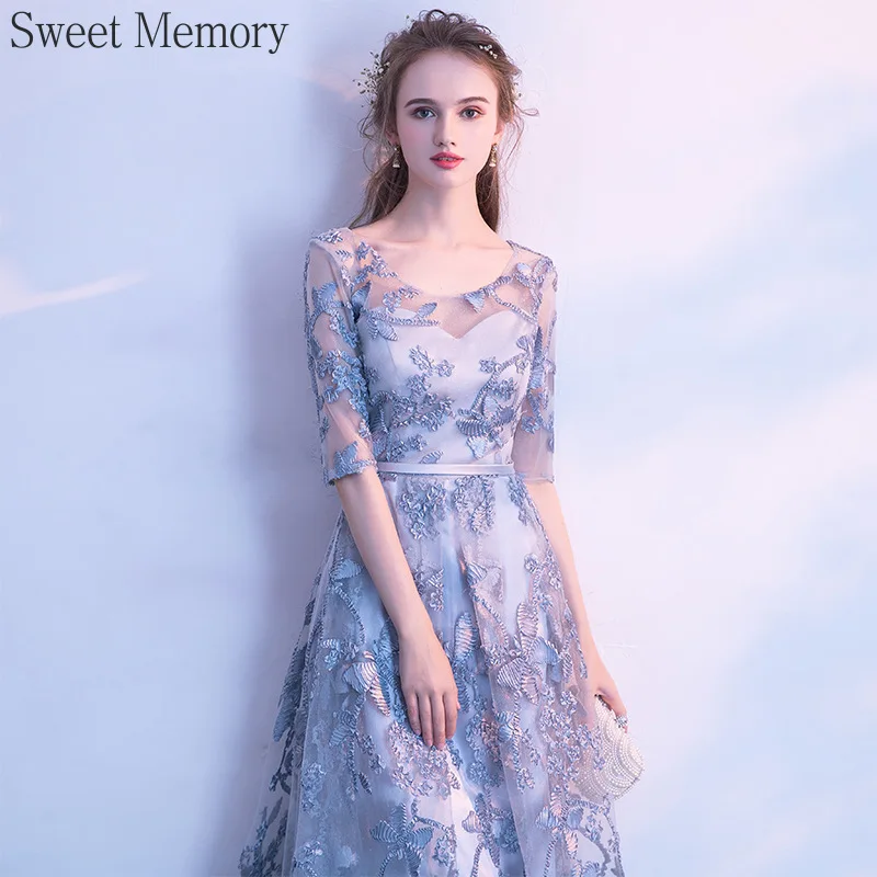 N128 Customized Half Sleeves Sliver Grey Evening Dresses Long Sweet Memory Christmas Robe Choir Performance Banquet Formal Dress