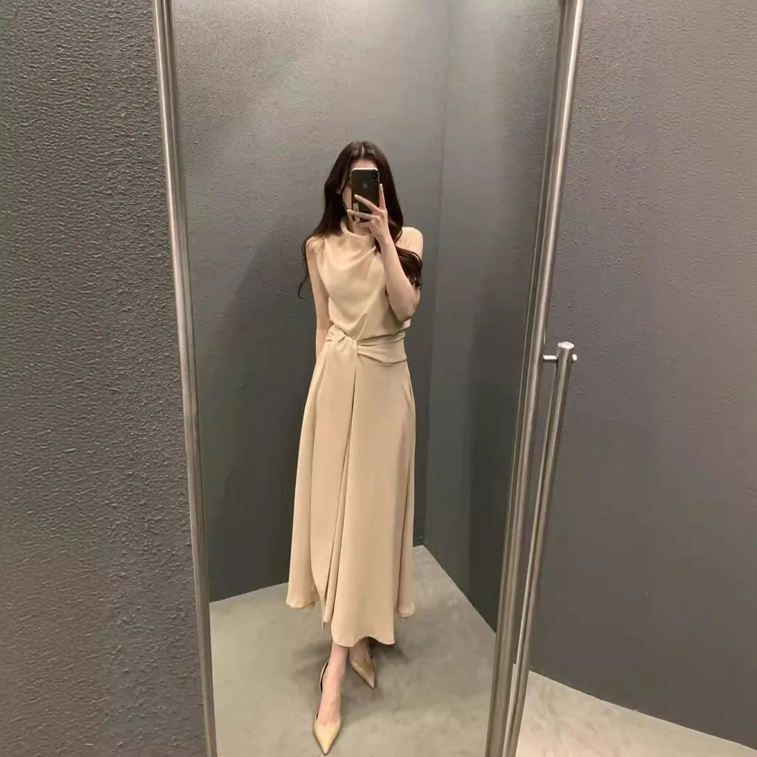 

Korean Chic Summer French Elegance Stacked Collar Strap Waist Thin Sleeveless Vest Dress Medium and Long Dress Women