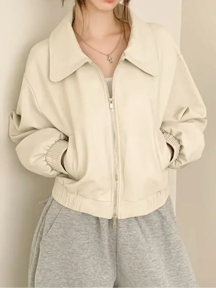 시크 롱 코트 여성용 루즈핏 턴다운 칼라 오픈 가디건 가을 겨울 가죽 자켓 아우터웨어