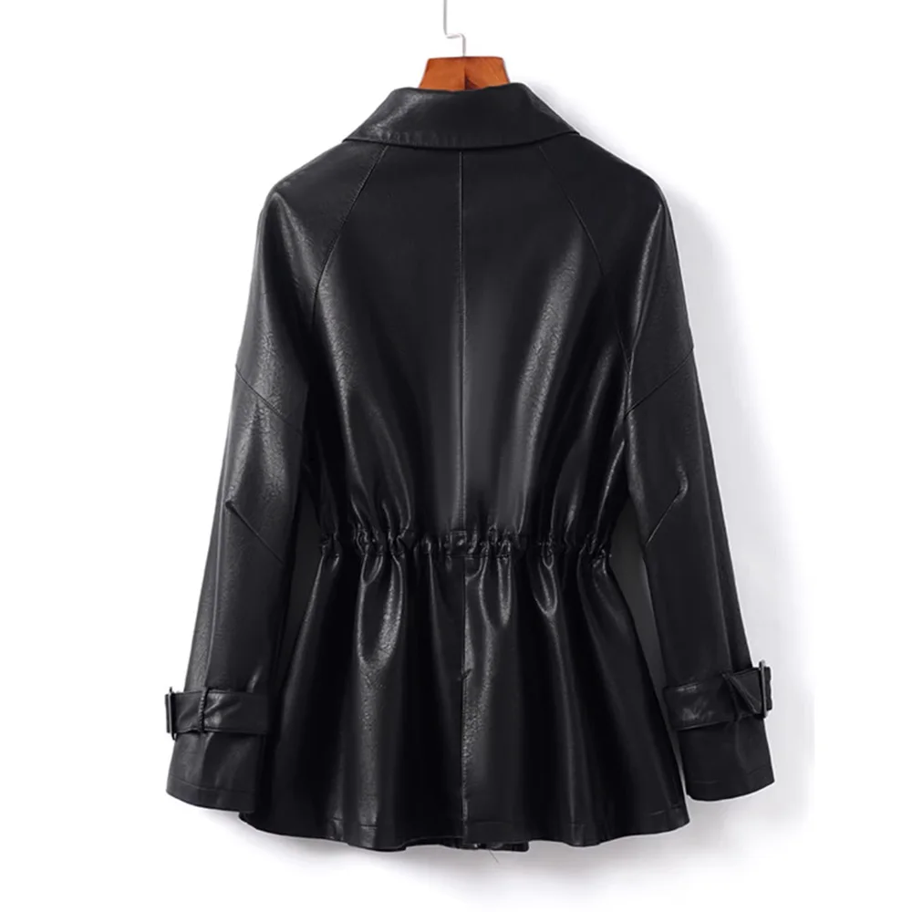 New Women Short Split Leather Trench Coat Spring Autumn Fashion Turn-down Collar Drawstring Adjustable Waist Slim Jacket Female