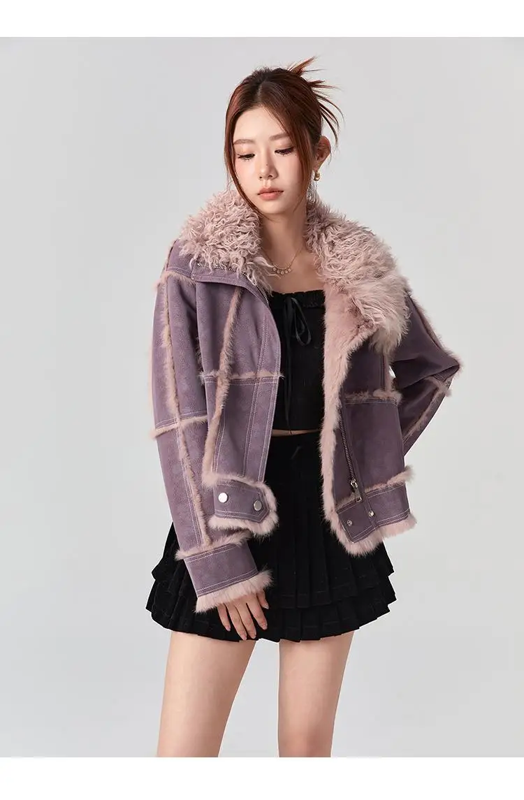 2024Spring And Autumn Short Style Fur Women\'s Sheepskin Jacket,Tanned Suede Fabric With 100%Natural Rabbit Lining,Luxury Fashion