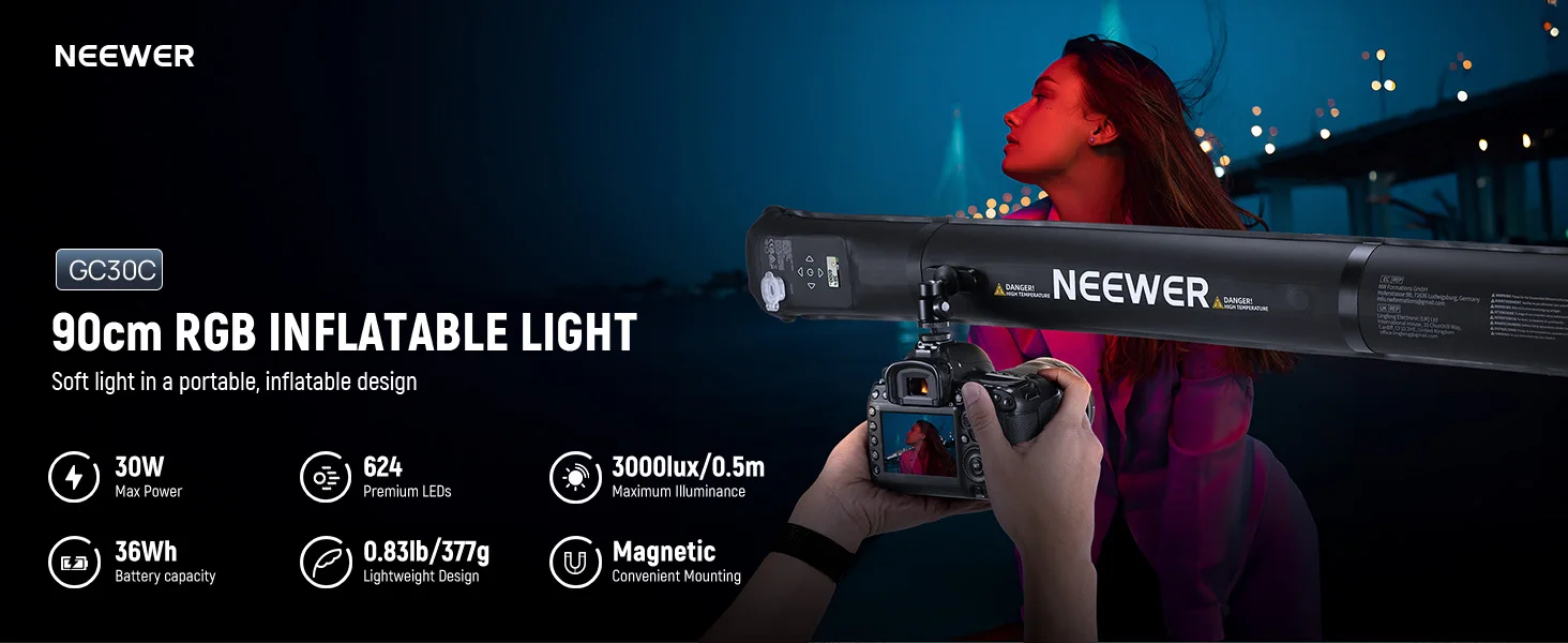 NEEWER Basics 21/30W Handgehaltenes RGB-Röhrenlicht 35,5'/90cm Tragbare Aufblasbare TPU-Beleuchtung 5000mAh Typ C 45W Eingang/30W Ausgang 3000Lux – Detail 1