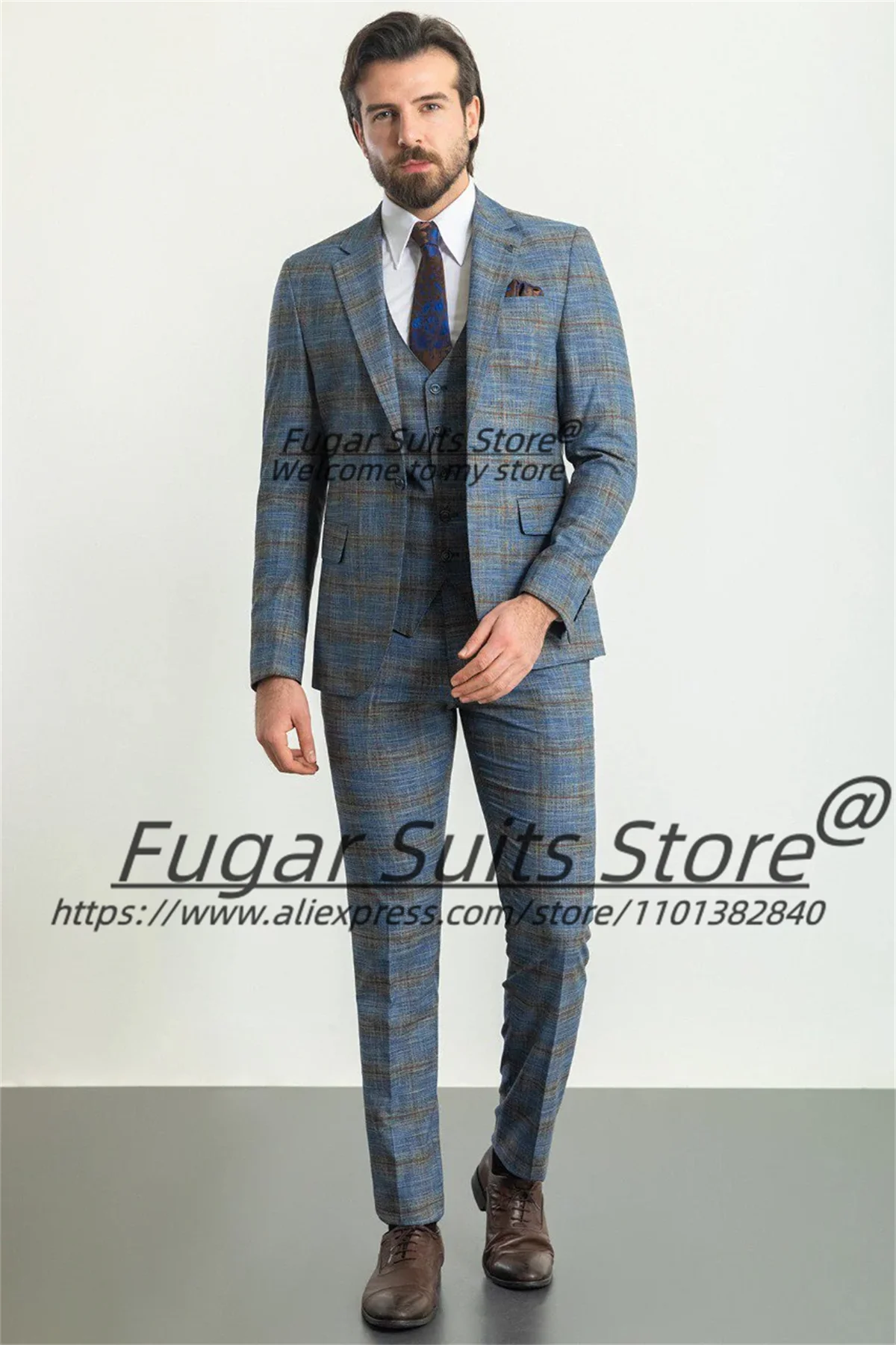 Classic Navy Blue Plaid Men Suits Customized Slim Fit Notched Lapel Groom Wedding Tuxedos 3 Pieces Sets Formal Ropa Hombre