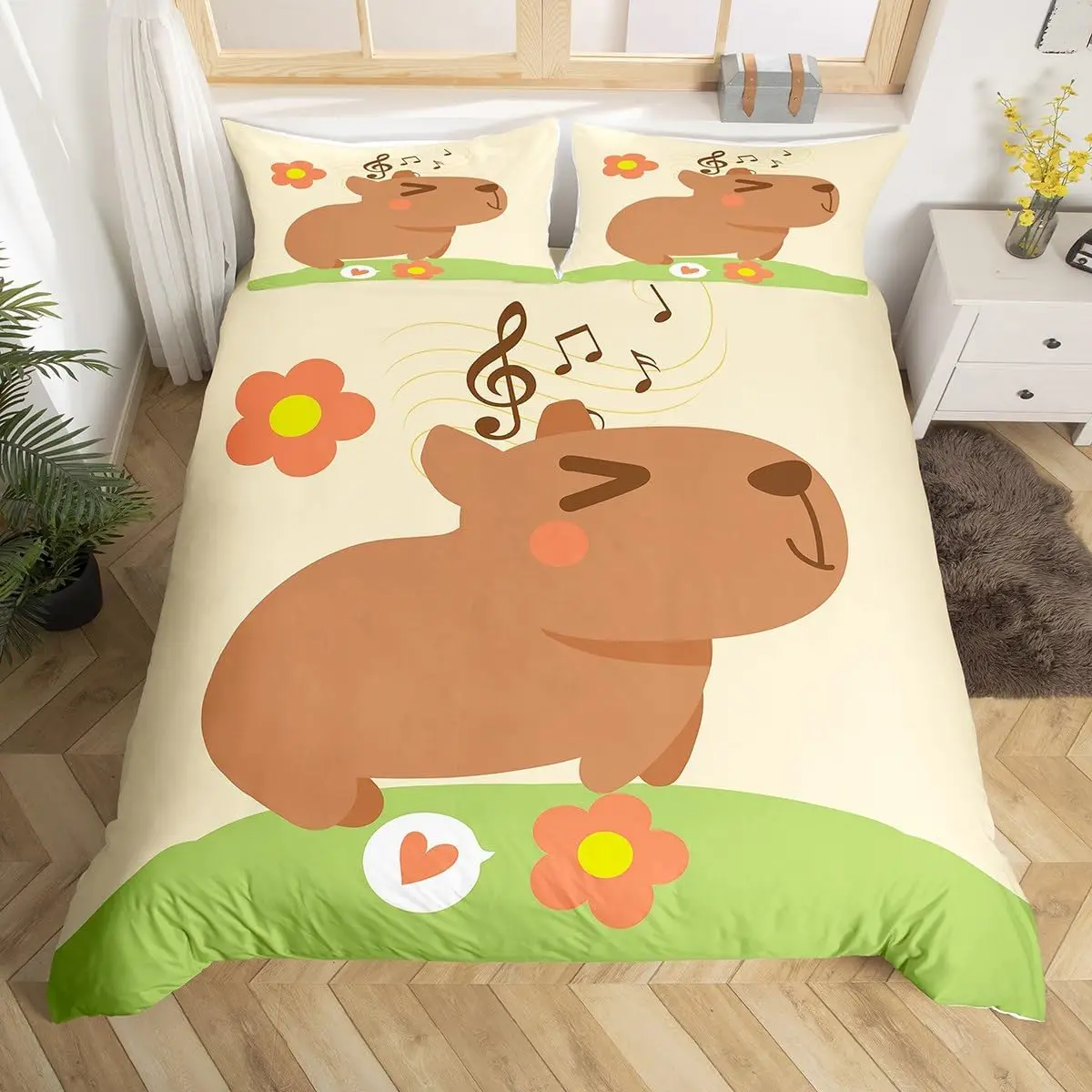 Cartoon Capybara Duvet Cover Twin King, Brown Zoo Pet Animals Bedding Set Cute Capybara Comforter Cover for Boys Girls Bedroom