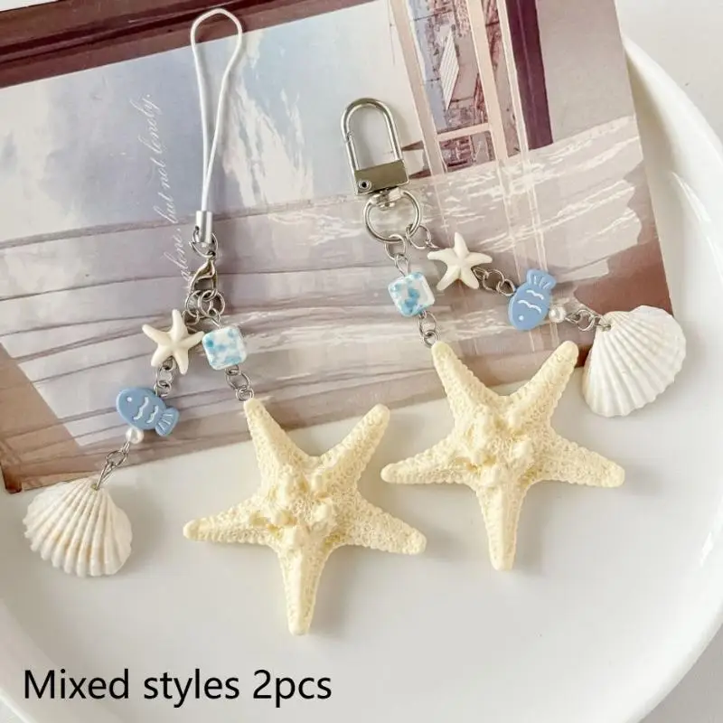 Seashell Keychain with Starfish Long Tail Charms Summer Travel Backpack Pendant for Girls and Women
