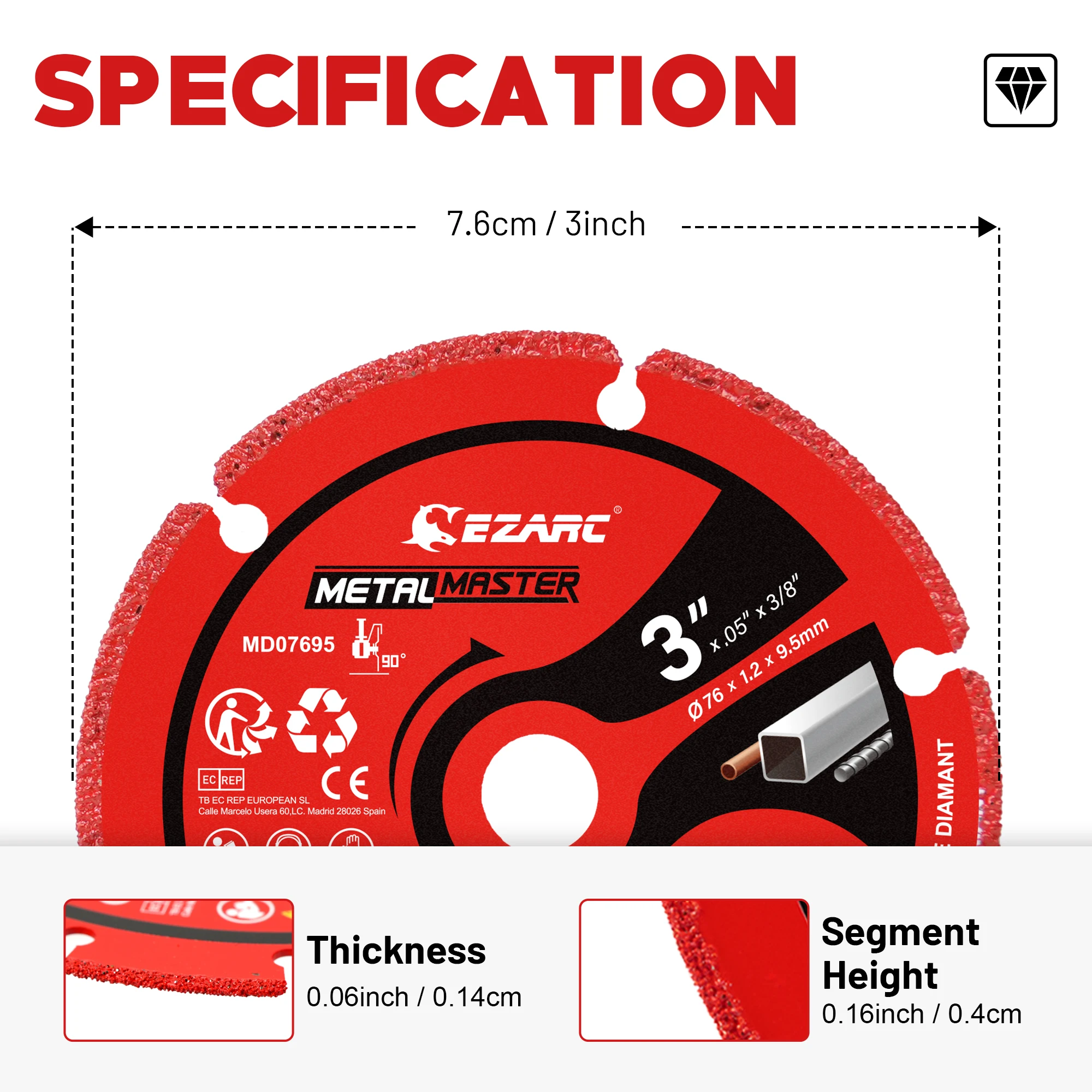 EZARC 3pcs 76mm Diamond Cutting Wheel for Metal, 3 X 3/8 Inch Cut Off Wheel with 5000+ Cuts on Rebar, Steel, Iron and INOX