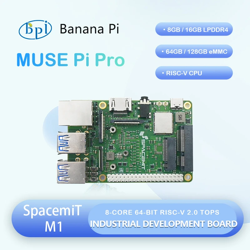MUSE Pi Pro SpacemiT M1 8-core 64-bit RISC-V Processor 2.0 TOPS 8/16GB LPDDR4 64/128GB eMMC HDMI 1.4 Type-A Industrial Board