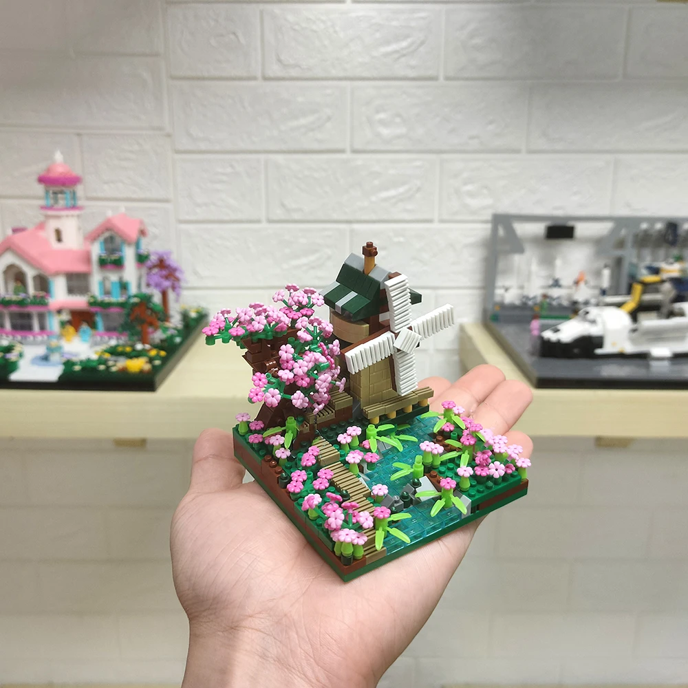 600PCS Creative Mini Four Season Sakura Windmill House Building Blocks Micro Bricks Assemble Kit Toys Gift For Children Kids