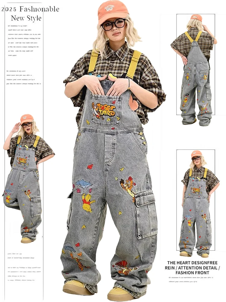 

American Cartoon Embroidered Loose Women's Denim Overalls Spring Season High Waist Wide Leg Pants Casual Sle Blue Jeans