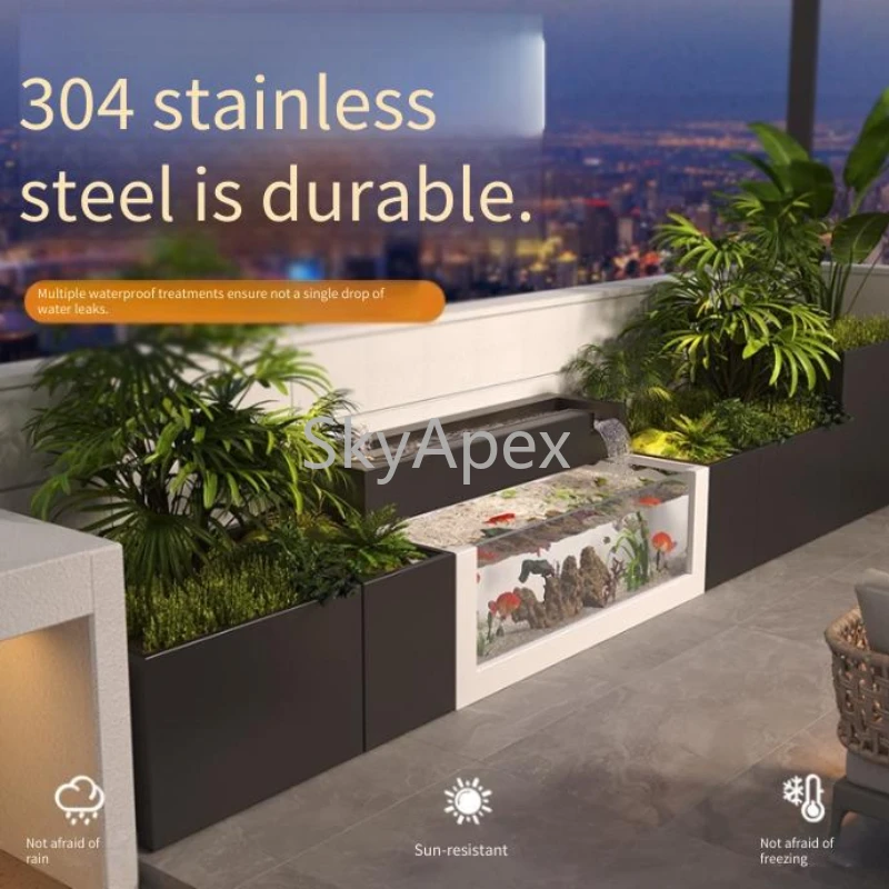 الفولاذ المقاوم للصدأ مستطيلة معدنية زجاجية بركة السمك المياه المتدفقة خزان الأسماك فناء على السطح داخلي فيلا بركة السمك المناظر الطبيعية