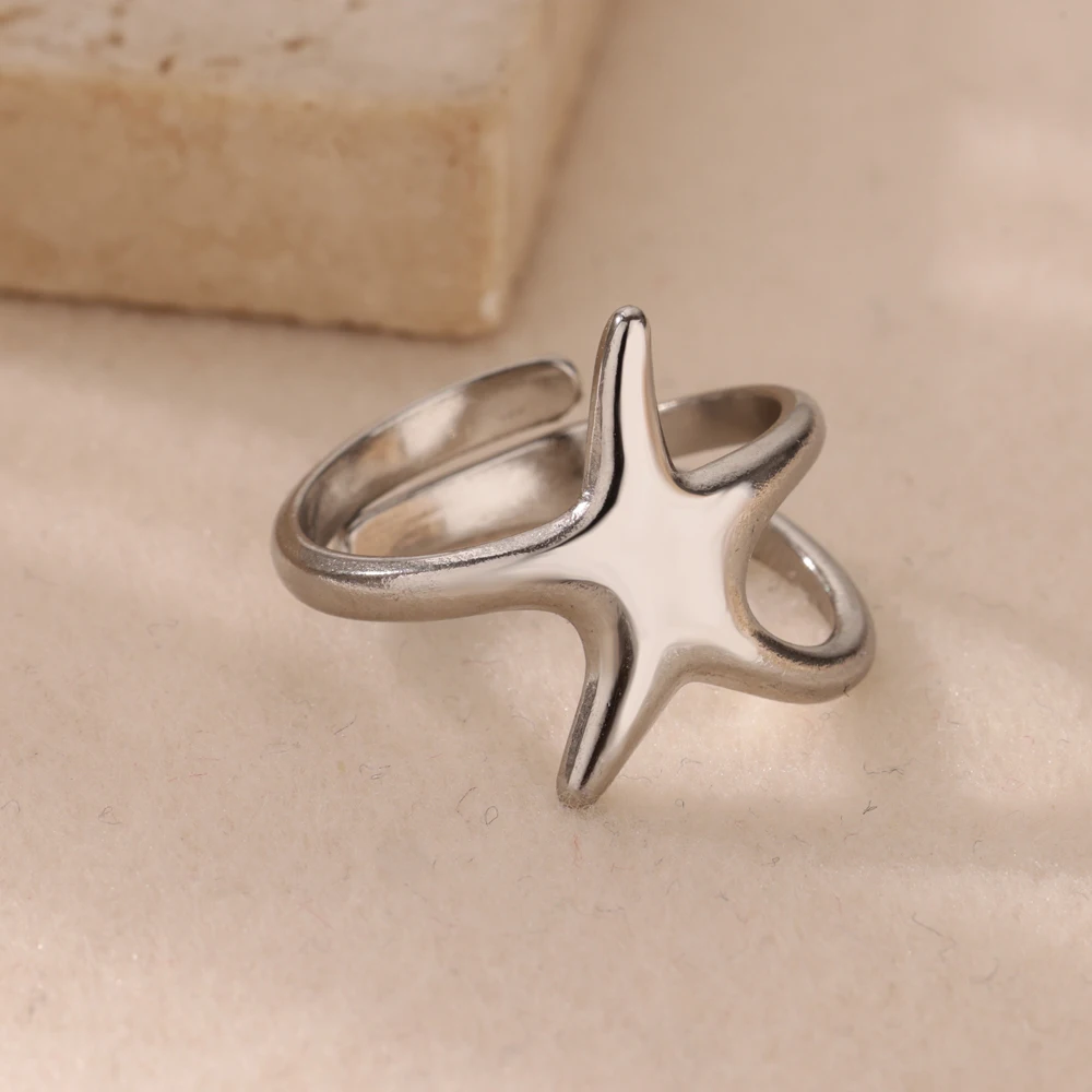 Fashion Shell Starfish Rings for Women Stainless Steel Gold Color Open Adjustable Ring Aesthetic Wedding Waterproof Jewelry Gift
