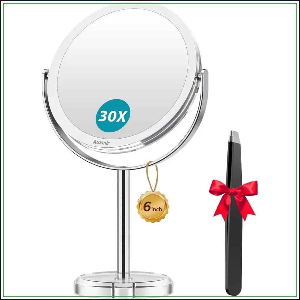 30X/1X Double-Sided Magnifying Mirror with Tweezer, 360° Rotation Portable Tabletop Mirror for Travel, Bathroom, Bedroom, Vanity