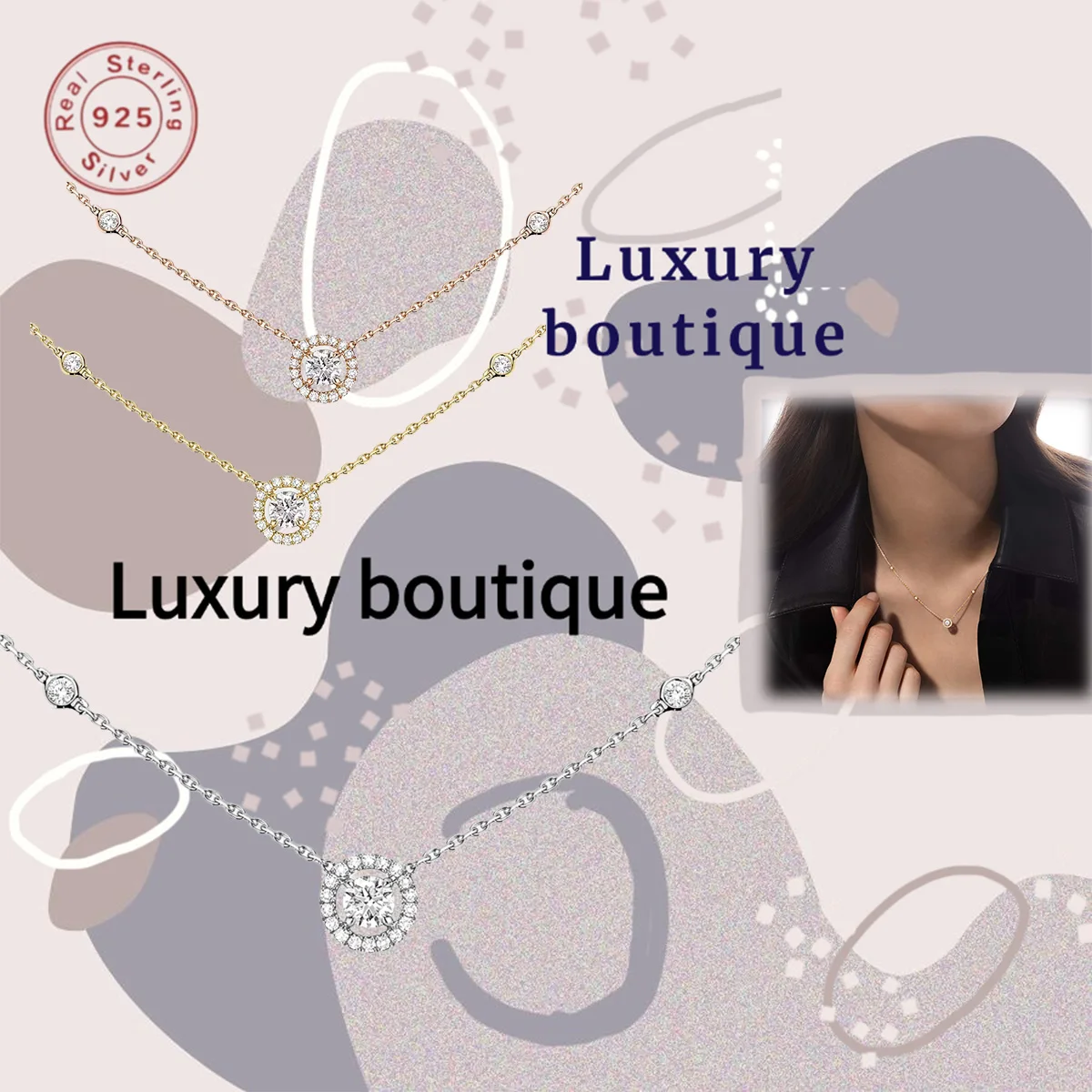 

Pure silver S925 necklace with diamond inlay in a round shape, elegant and luxurious for ladies, as a gift for couples' festival