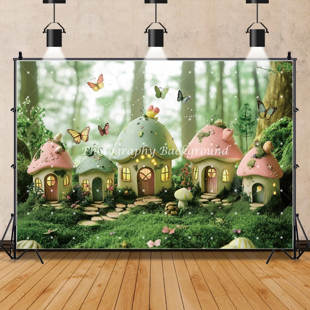 

Mushroom House Forest Fantasy Photography Background Fantasy Fairytale Butterfly Newborn Baby Birthday Party Photozone Backdrop