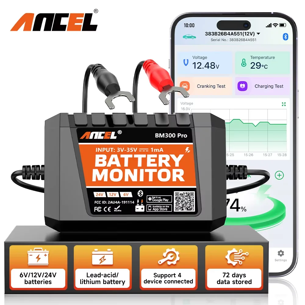 ANCEL BM300 Pro Battery  Tester 6V 12V 24V Battery Monitor – Bluetooth for Car  SOH SOC Battery Health Analyzer PK BM200 PRO